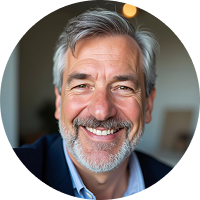 A smiling older man with gray hair and a beard, wearing a suit jacket and light blue shirt, poses indoors with a blurred background and soft lighting.