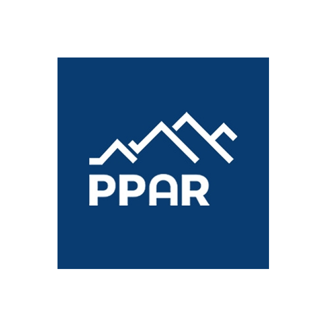 A blue square with white text and mountains.