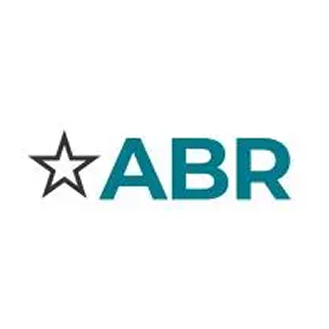 Teal letters "ABR" next to a black outline of a five-pointed star on a white background.