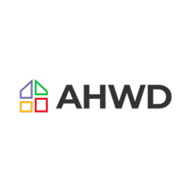 The image shows the letters "AHWD" in bold black text. To the left, there is a house-shaped icon made of four outlined shapes in purple, green, yellow, and red on a white background.