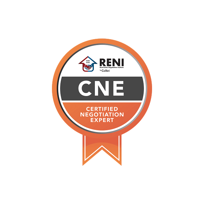 A round orange and gray badge with a ribbon, displaying "RENI," "CNE," and "Certified Negotiation Expert" text, representing a professional certification.