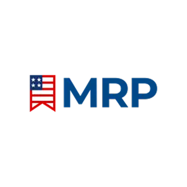 Logo with the letters "MRP" in blue next to a red symbol resembling a bookmark or ribbon featuring three blue stars and red stripes, evoking the American flag. The background is white.