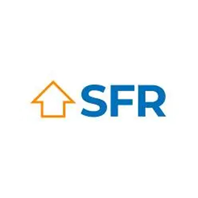 The image shows an orange outline of a house next to the blue letters "SFR" on a white background.