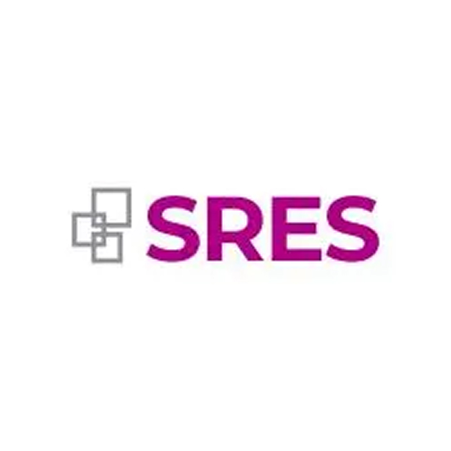 Logo with four overlapping gray squares on the left and the bold magenta letters “SRES” on the right, all set against a white background.