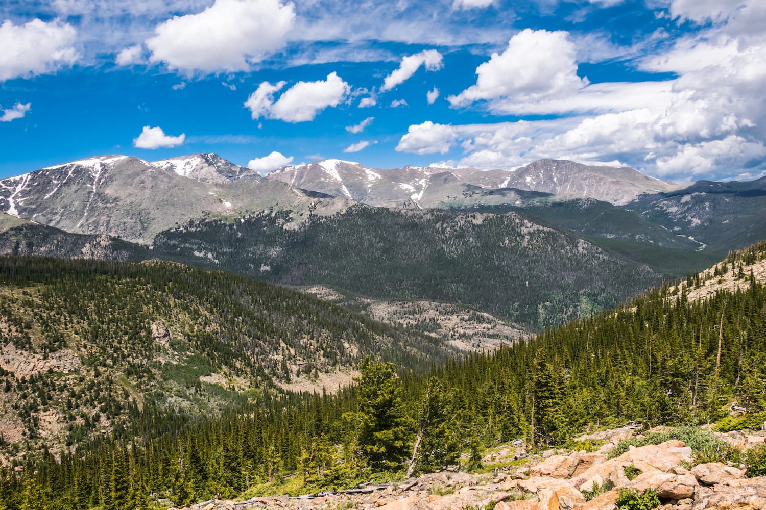 Mountain landscape featuring rugged, snow-capped peaks under a partly cloudy blue sky, with dense pine forests and rocky terrain in the foreground.